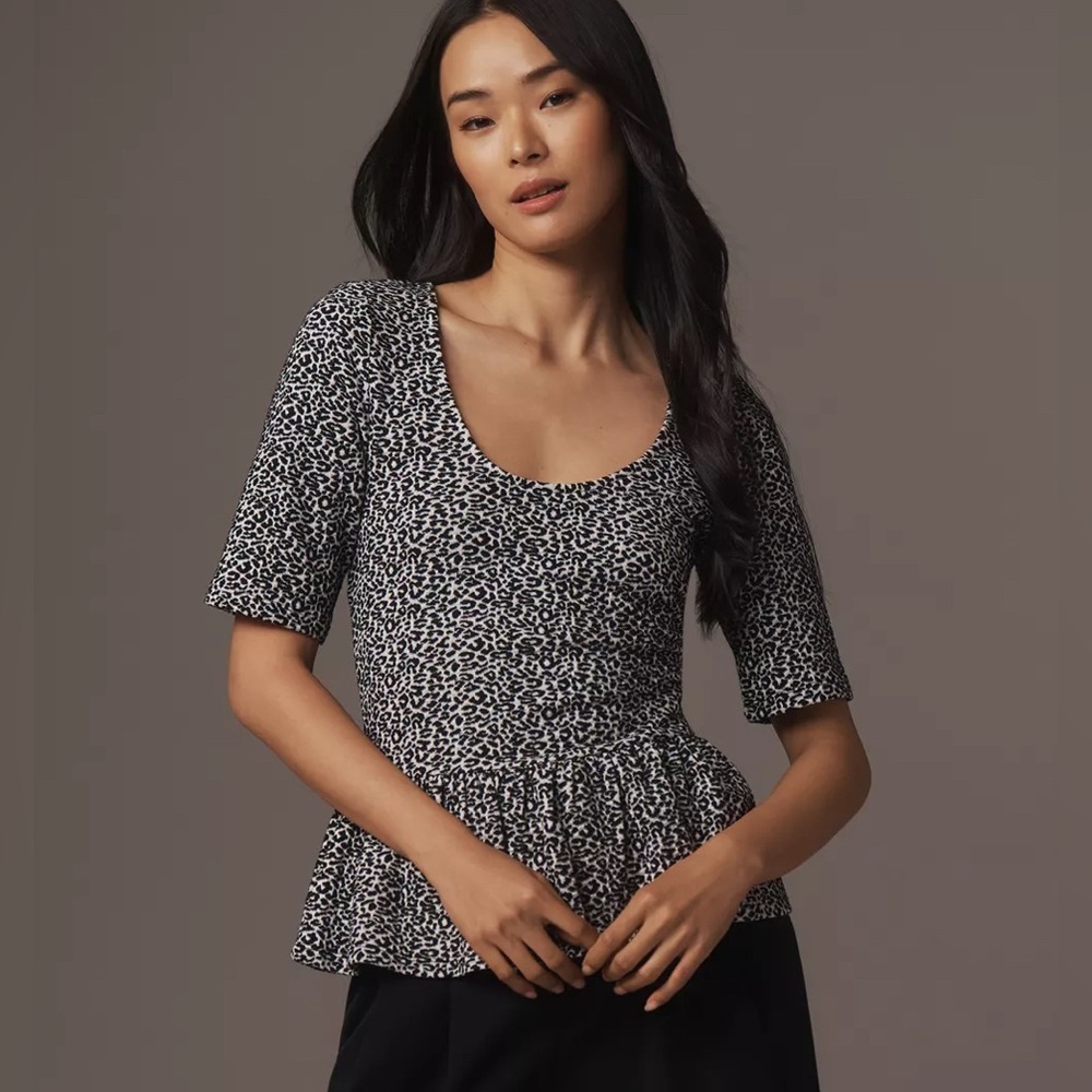 NWT Anthropologie Short Sleeve Animal Print Scoop Neck Peplum Top by Maeve - S